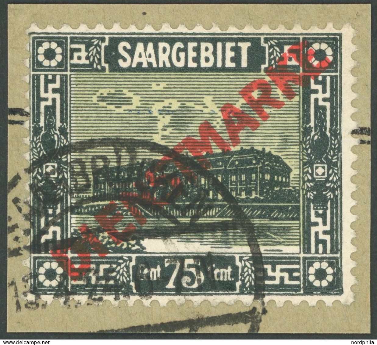 SAARGEBIET 15PF V BrfStk, 1923, 75 C. Schwärzlichgraugrün/mattrötlichgelb Mit Plattenfehler Diagonaler Strich Rechts Im  - Dienstzegels