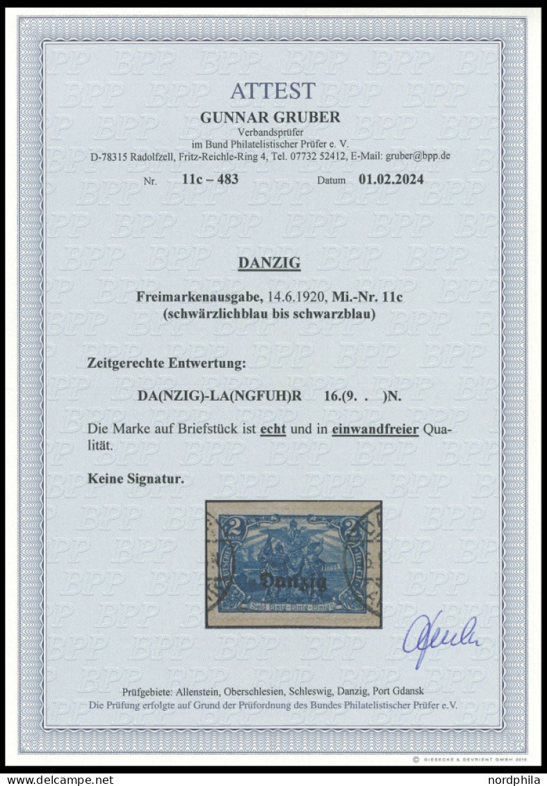 FREIE STADT DANZIG 11c BrfStk, 1920, 2 M. Schwärzlichblau, Zeitgerechte Entwertung, Prachtbriefstück, RR!, Fotoattest Gr - Oblitérés
