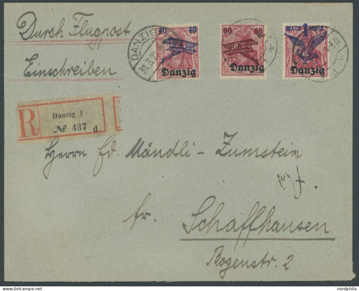 FREIE STADT DANZIG 50-52 BRIEF, 1921, Flugpost Auf Luftpost-Einschreibbrief In Die Schweiz, Pracht - Lettres & Documents