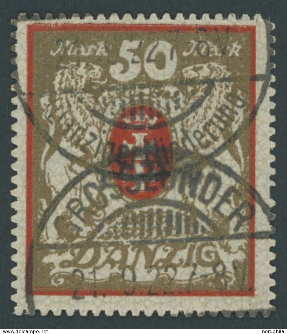 FREIE STADT DANZIG 100Xa O, 1922, 50 M. Rot/gold, Wz. X, Zeitgerechte Entwertung GROSSZÜNDER, Rechts Ein Fehlender Zahn  - Usados