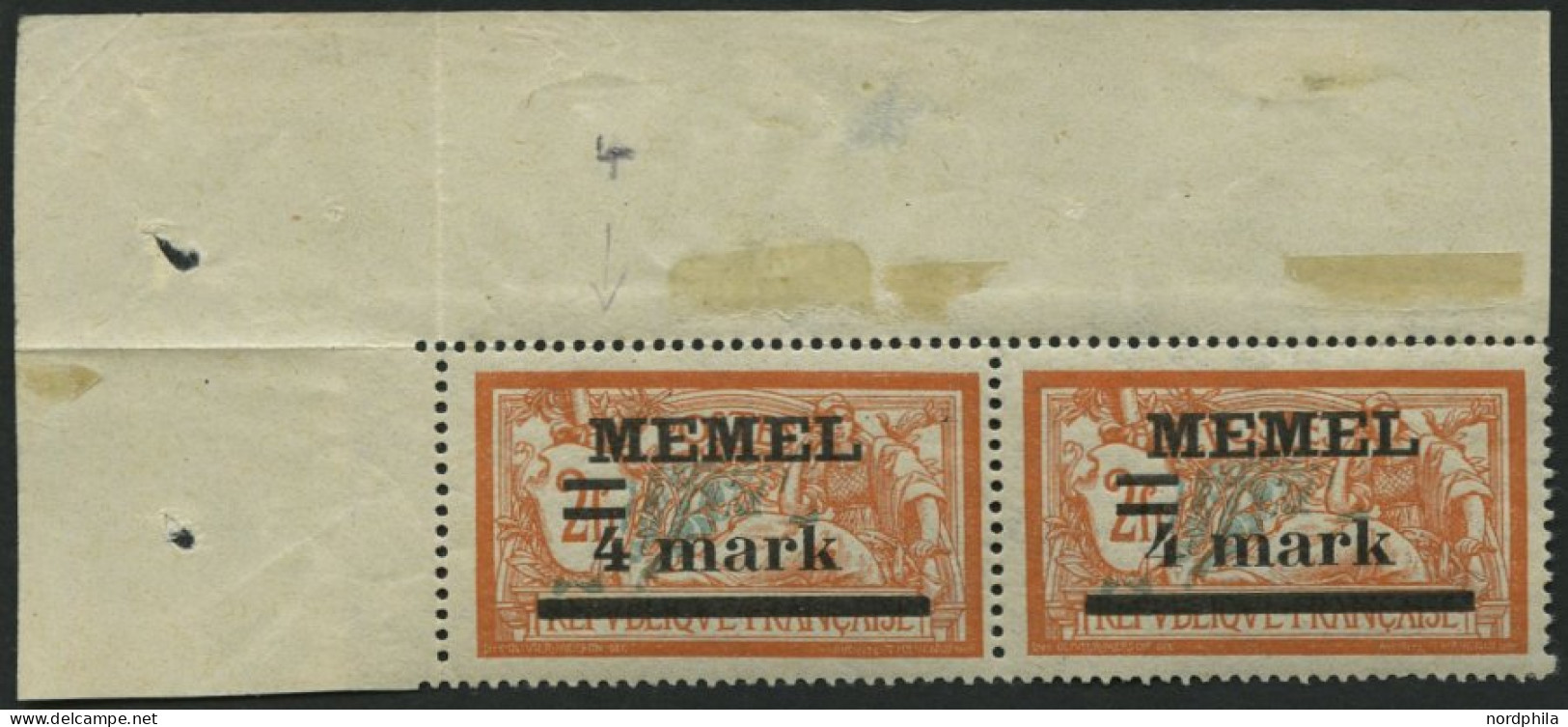 MEMELGEBIET 31IyPF Ia , 1920, 4 M. Auf 2 Fr. Rötlichorange/hellgrünlichblau, Type I, Mit Abart Querbalken Der 4 Verdickt - Memel (Klaïpeda) 1923