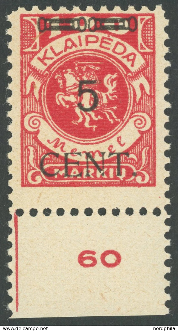 MEMELGEBIET 180IV , 1923, 5 C. Auf 100 M. Dunkelrosa, Type IV, Unterrandstück, Postfrisch, Pracht, Mi. 195.- - Klaipeda 1923