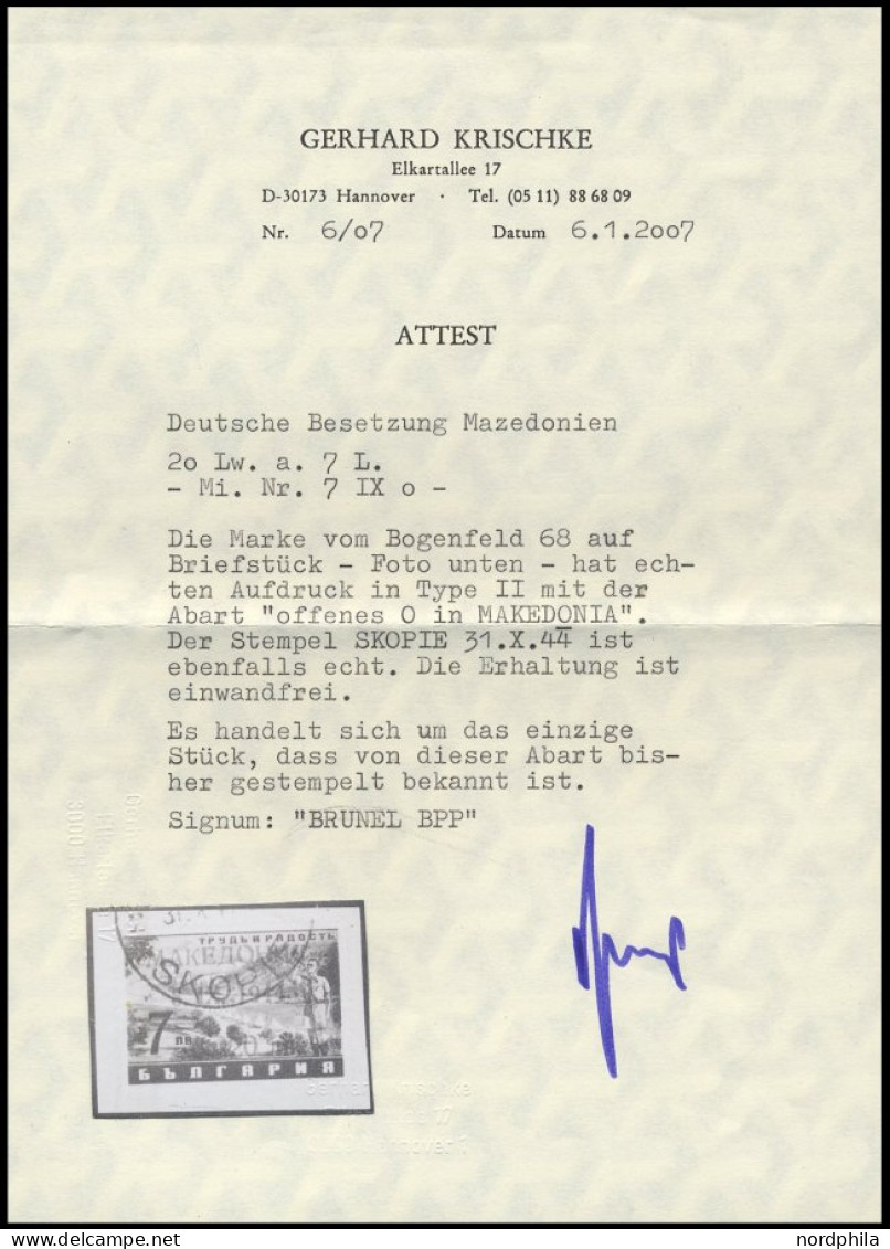 MAKEDONIEN 7IX BrfStk, 1944, 20 Auf 7 L. Schwarzblau Mit Abart Offenes O In Makedonia, Prachtbriefstück, Gepr. Brunel Un - Occupation 1938-45