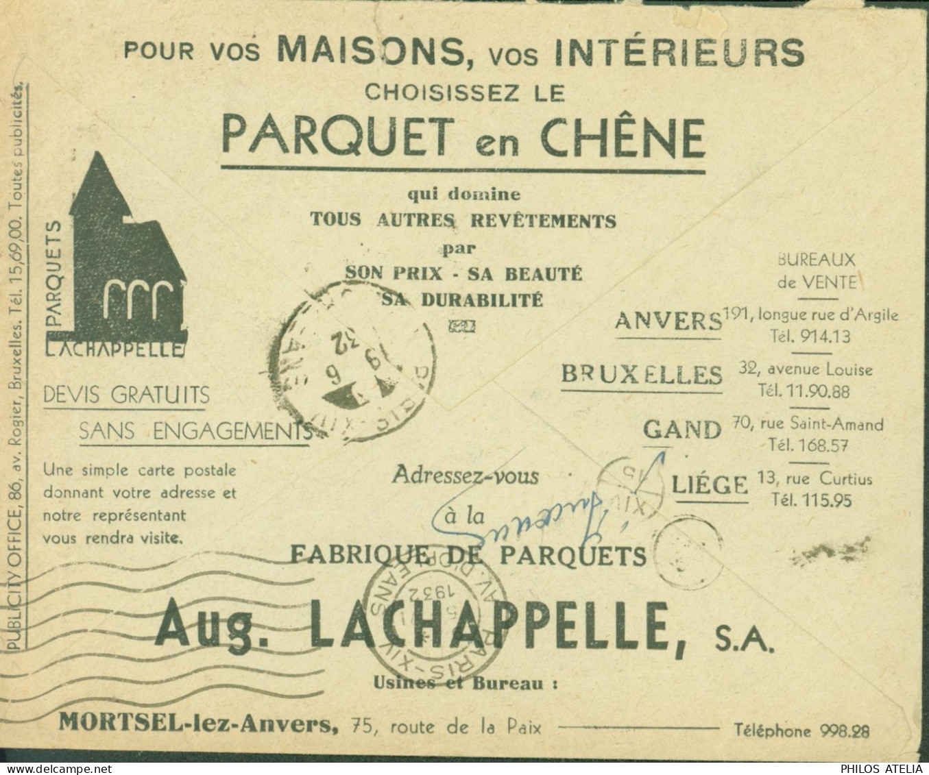 Enveloppe Illustrée Publicitaire Fabrique De Parquets Aug Lachapelle SA Mortsel Lez Anvers CAD Franchise Bruxelles 1932 - Brieven En Documenten