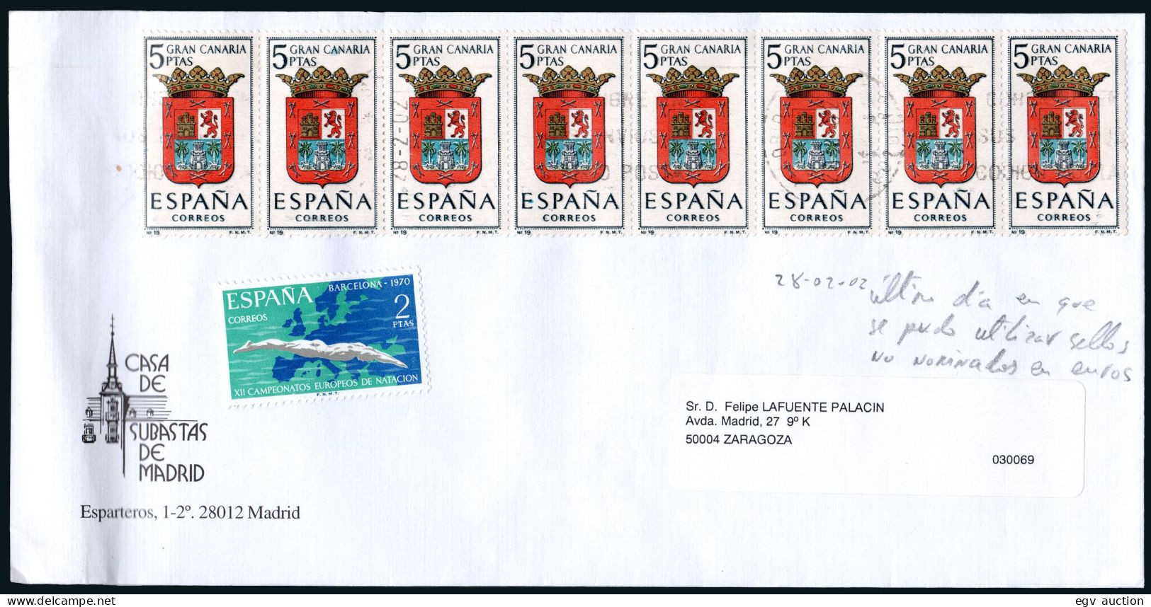 España - Edi O 1487(8)+.. - Mat "Madrid 28/02/2002" A Zaragoza - Lettres & Documents