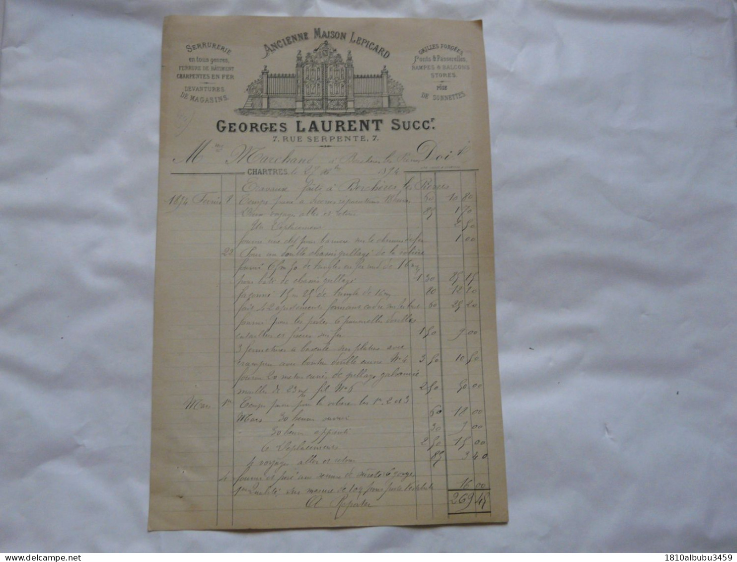 FACTURE ANCIENNE : ANCIENNE MAISON LEPICARD - Georges LAURENT  - Rue Serpente à CHARTRES - 1800 – 1899