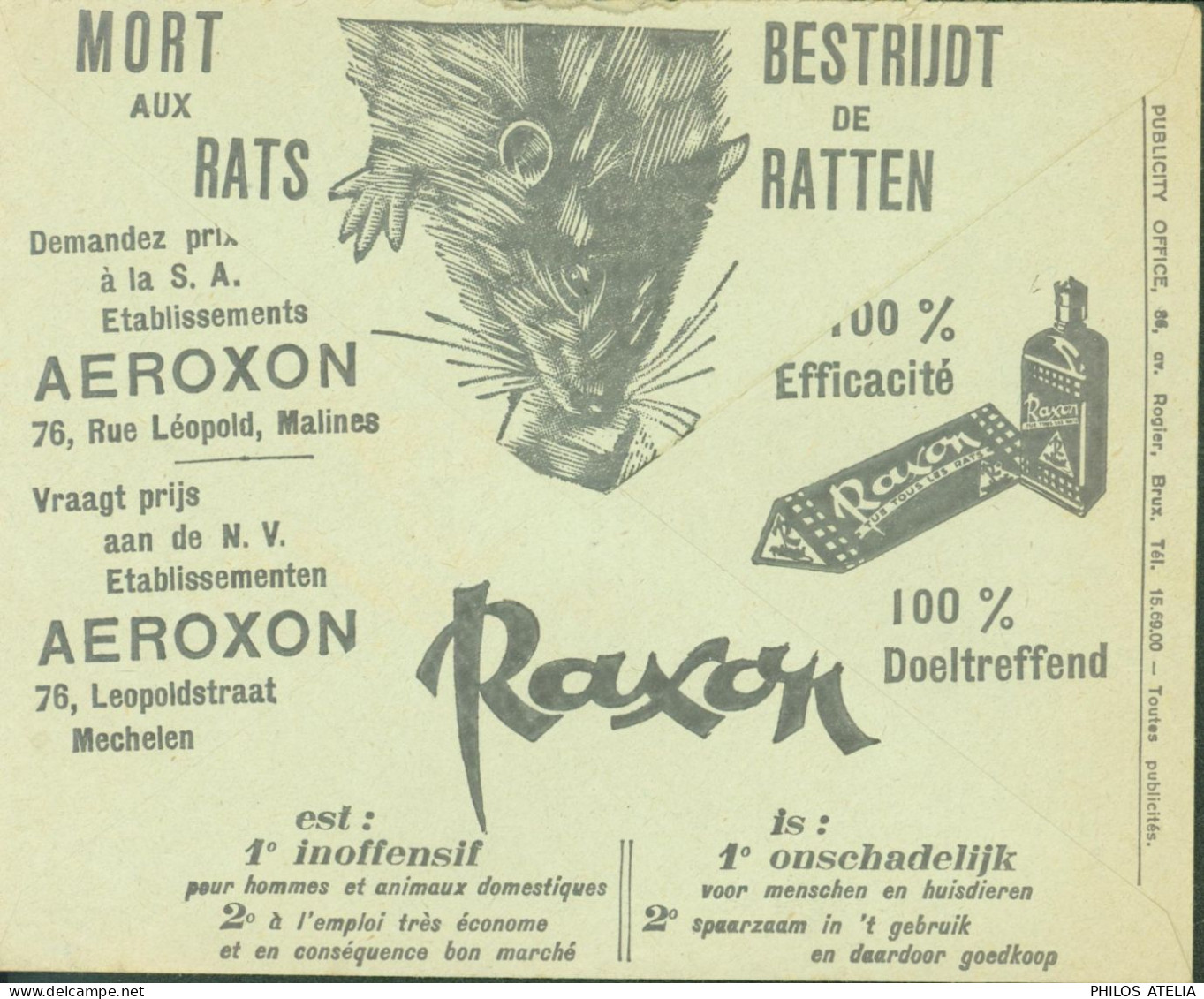 Enveloppe Illustrée Publicitaire Surdiac Et Raxon Mort Aux Rats CAD Bruxelles Chèques 29 XI 1935 Flamme Chèques Postaux - Lettres & Documents