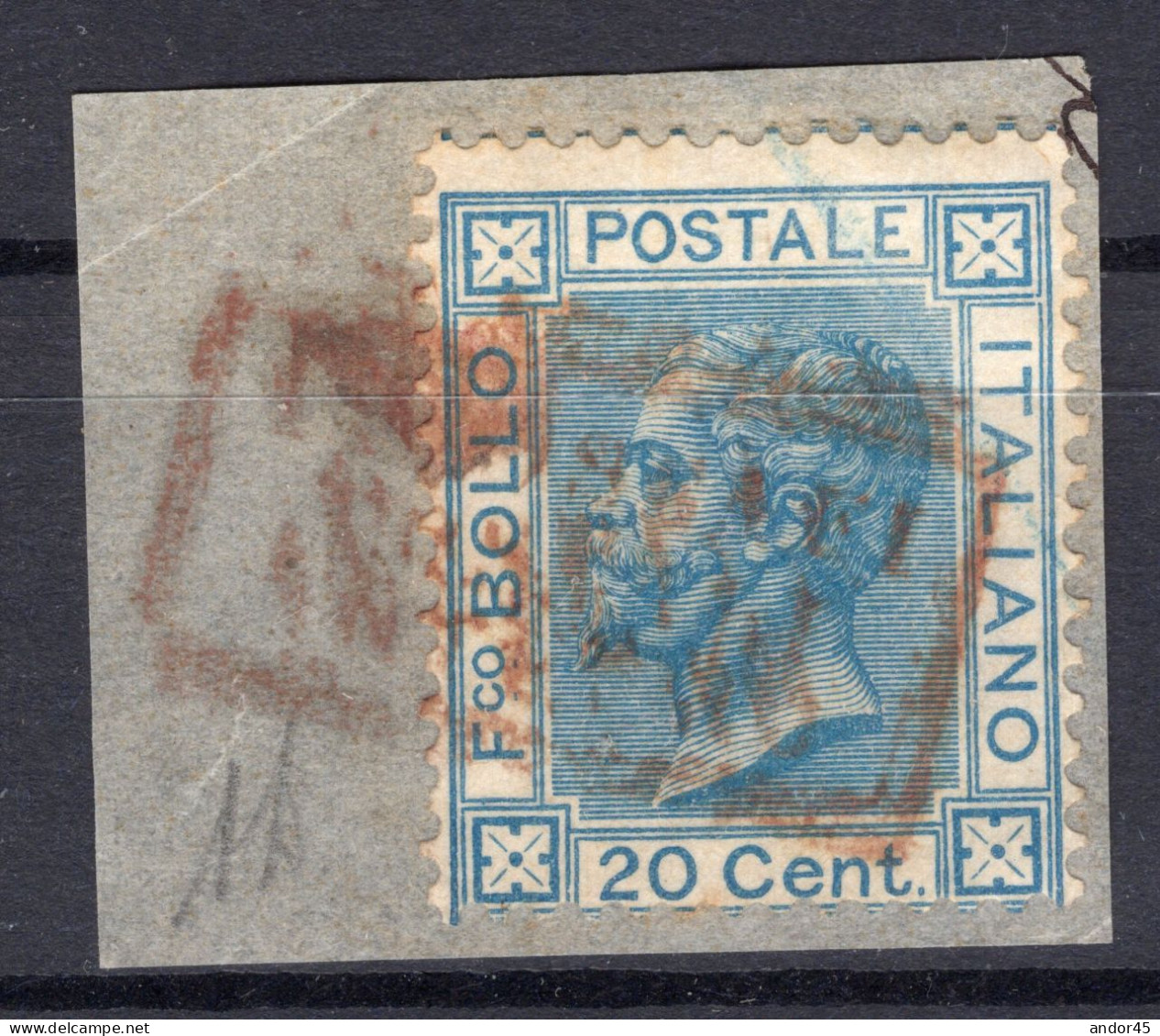 REGNO DE LA RUE C.20 BIGOLA SASS T26 USATO SU FRAMMENTO CON L'ANNULLO IN ROSSO PIROSCAFI POSTALI ITALIANI IN CARTELLA - Oblitérés