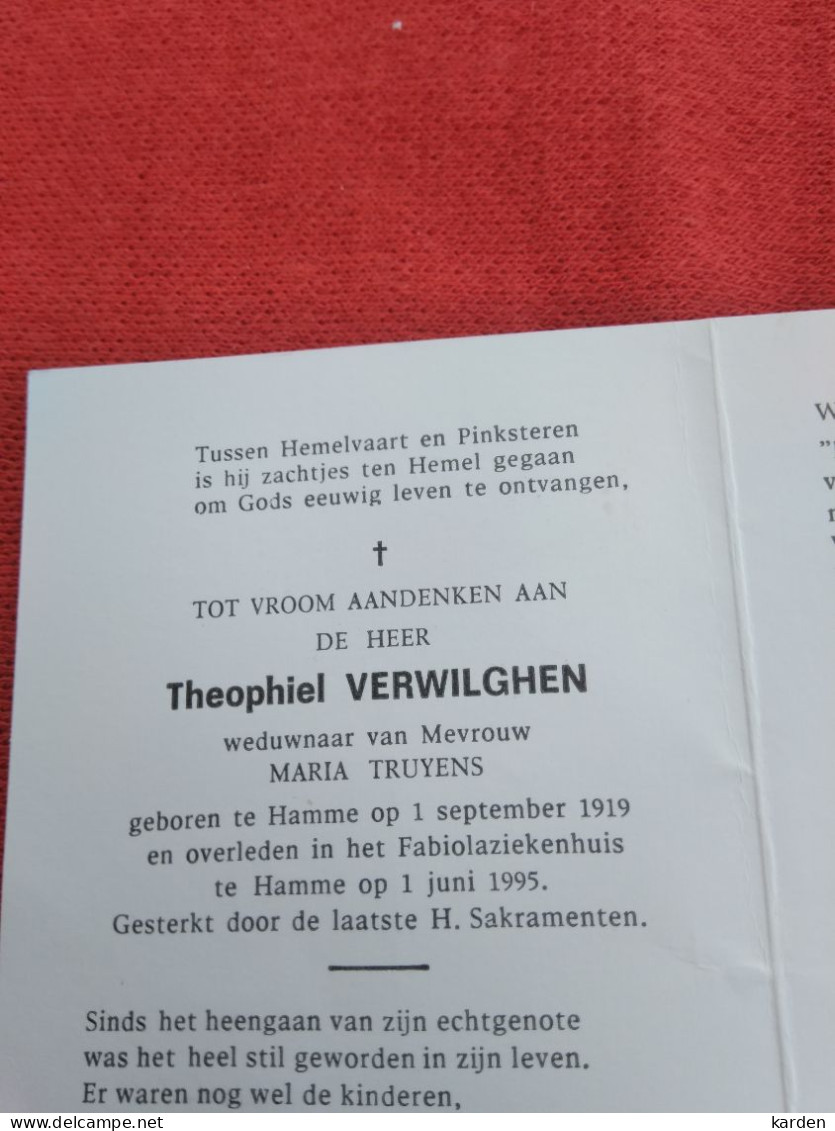 Doodsprentje Theophiel Verwilghen / Hamme 1/9/1919 - 1/6/1995 ( Maria Truyens ) - Religione & Esoterismo
