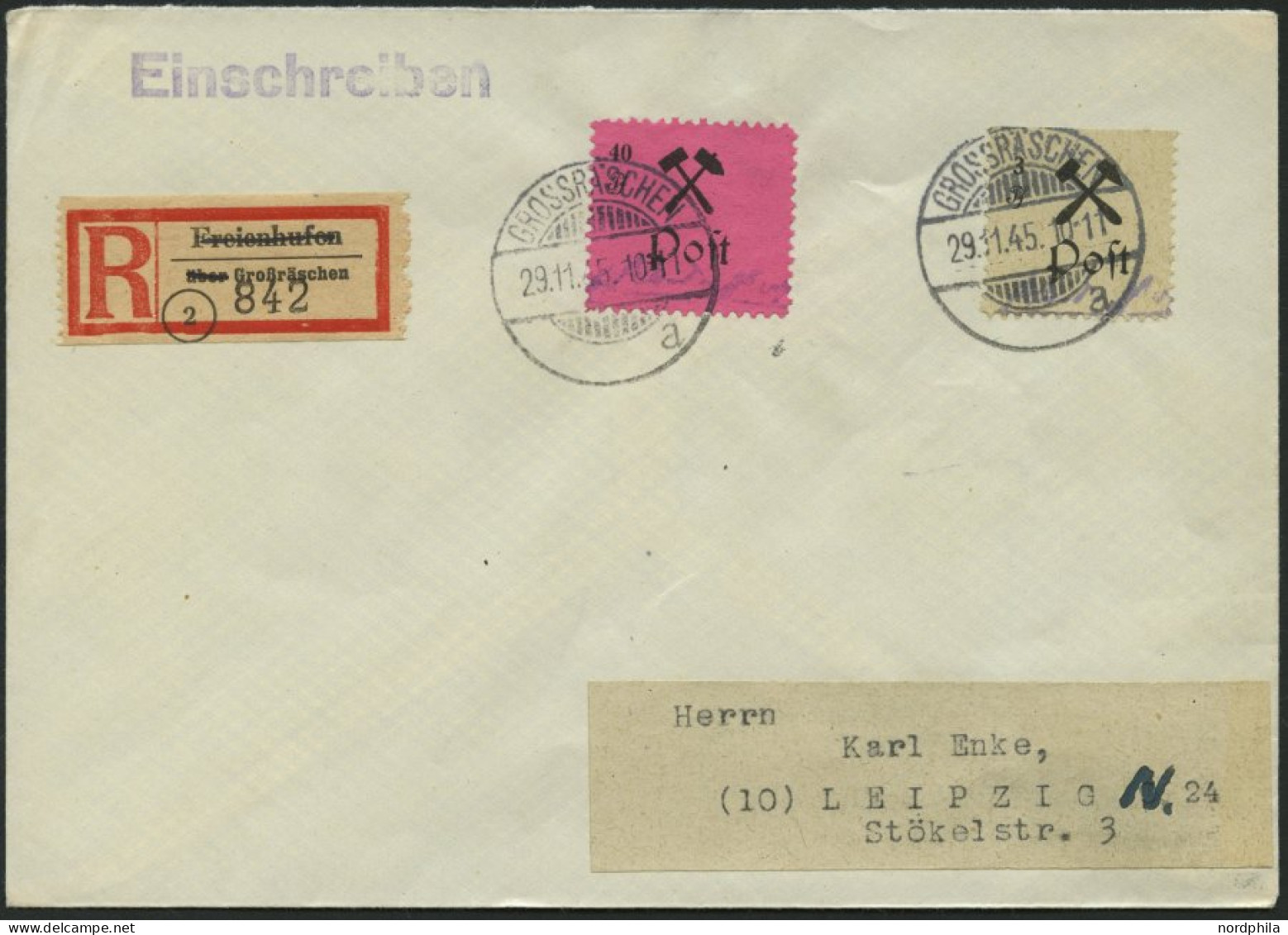 GROSSRÄSCHEN 27bI BRIEF, 1945, 40 Pf. Schwarz Auf Rosalila, Type I, Mit Mi.Nr. 13AI Auf Einschreibbrief, Pracht, Gepr. Z - Private & Local Mails