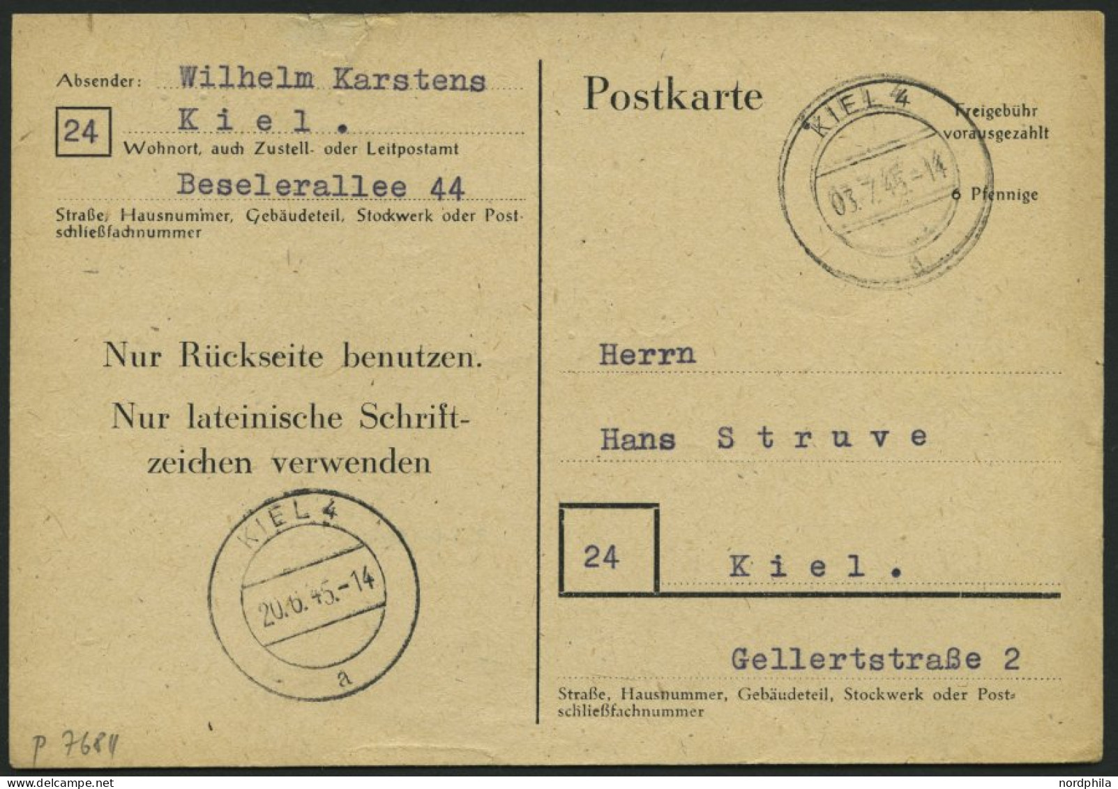 ALL. BES. GANZSACHEN P 768II BRIEF, 1945, 6 Pf. Schwarz, Type II, Stempel KIEL 4, Feinst, Mi. 100.- - Autres & Non Classés