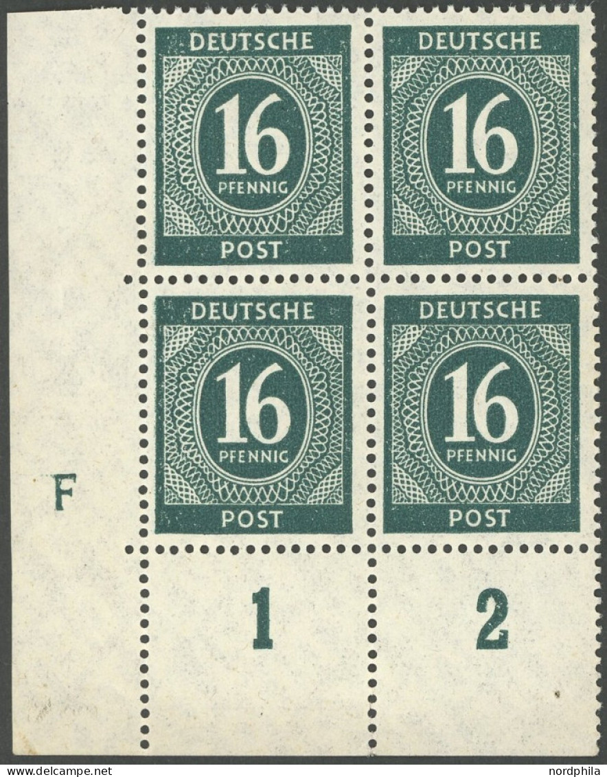ALLIIERTE BES. 923DZ , 1946, 16 Pf. Grün Im Linken Unteren Eckrandviererblock Mit Druckereizeichen F, Postfrisch Pracht, - Other & Unclassified