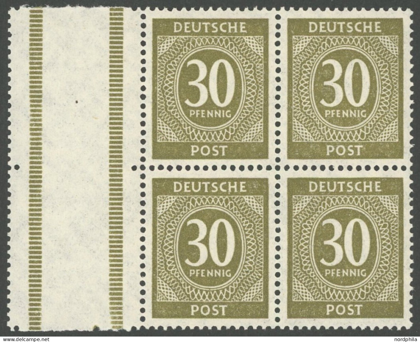 ALLIIERTE BES. 928L , 1946, 30 Pf. Oliv Im Viererblock Mit Zwei Links Anhängenden Leerfeldern (Zwischenstegen), Postfris - Other & Unclassified