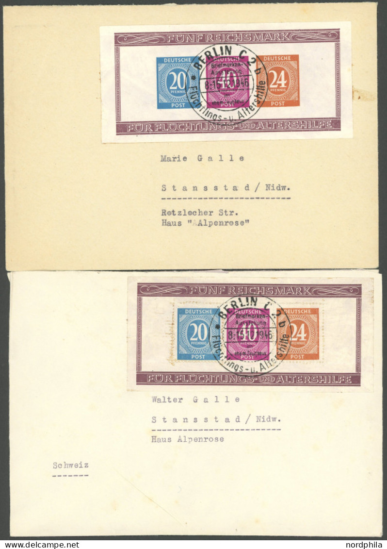 ALLIIERTE BES. Bl. 12A/B BRIEF, 1946, Blockpaar Briefmarken-Ausstellung, Je Auf Brief (vermutlich Nachträglich Aufgekleb - Otros & Sin Clasificación