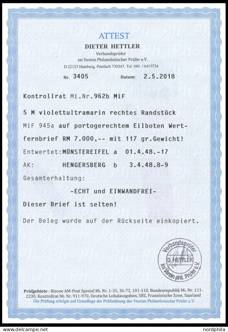 ALLIIERTE BES. 962b BRIEF, 1948, 5 Mk. Violettultramarin Vom Rechten Bogenrand Mit Zusatzfrankatur 8 Pf. Arbeiter Auf Po - Other & Unclassified