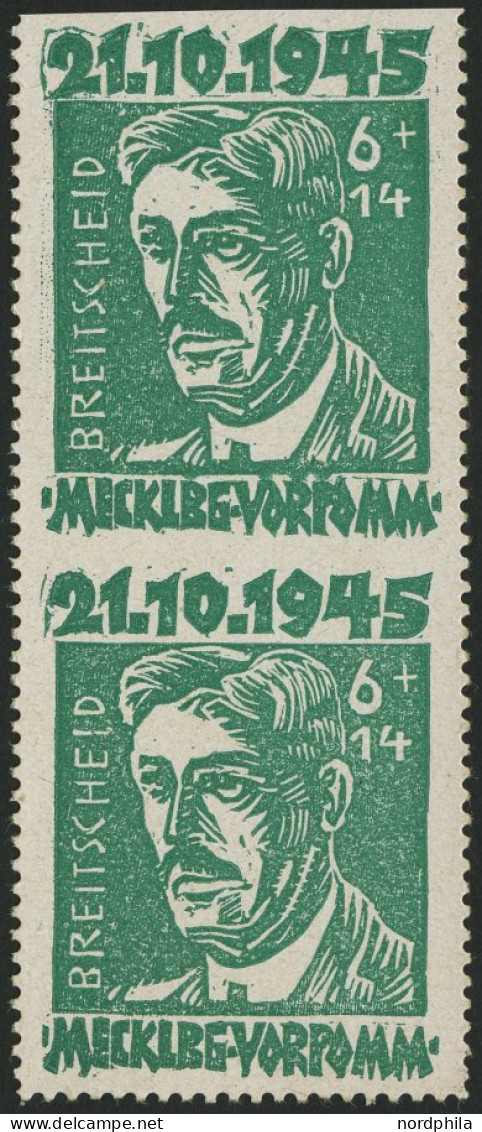 MECKLENBURG-VORPOMMERN 20aUo,w, , 1945, 6 Pf. Hellgrün Faschismus Im Senkrechten Paar, Untere Marke Oben Ungezähnt, Ober - Autres & Non Classés