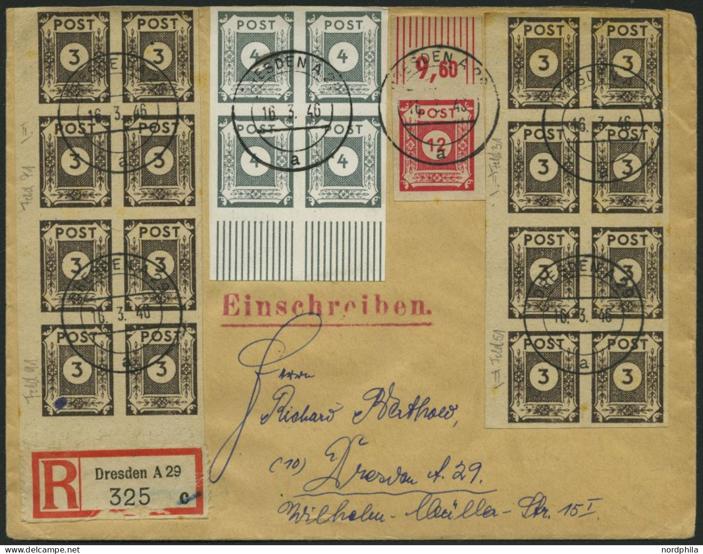 OST-SACHSEN 51aII BRIEF, 1946, 3 Pf. Schwarzbraun, 16x Im Blockstück (dabei 4x Type II) Mit Zusatzfrankatur Auf Portoger - Autres & Non Classés