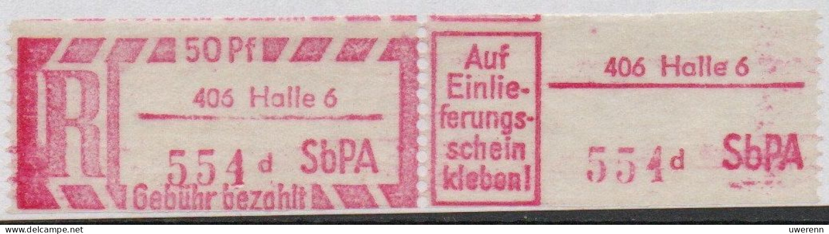 DDR Einschreibemarke Halle SbPA Postfrisch, EM2B-406-6dII(1) PU + Zh - R-Zettel