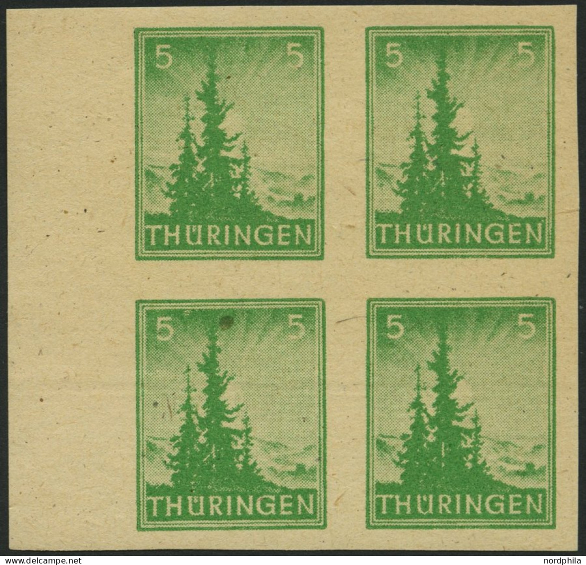 THÜRINGEN 94AXwU VB , 1945, 5 Pf. Gelblichgrün, Vollgummierung, Ungezähnt, Im Randviererblock, Pracht, Gepr. Herpichböhm - Other & Unclassified