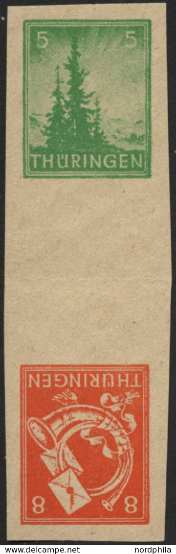 THÜRINGEN 94/6SKZU , 1945, 5 Pf. Gelblichgrün Und 8 Pf. Rotorange Im Senkrechten Kehrdruckpaar Mit Zwischensteg, Ungezäh - Other & Unclassified