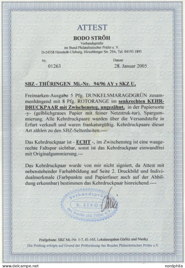 THÜRINGEN 94/6SKZU , 1945, 5 Pf. Gelblichgrün Und 8 Pf. Rotorange Im Senkrechten Kehrdruckpaar Mit Zwischensteg, Ungezäh - Other & Unclassified
