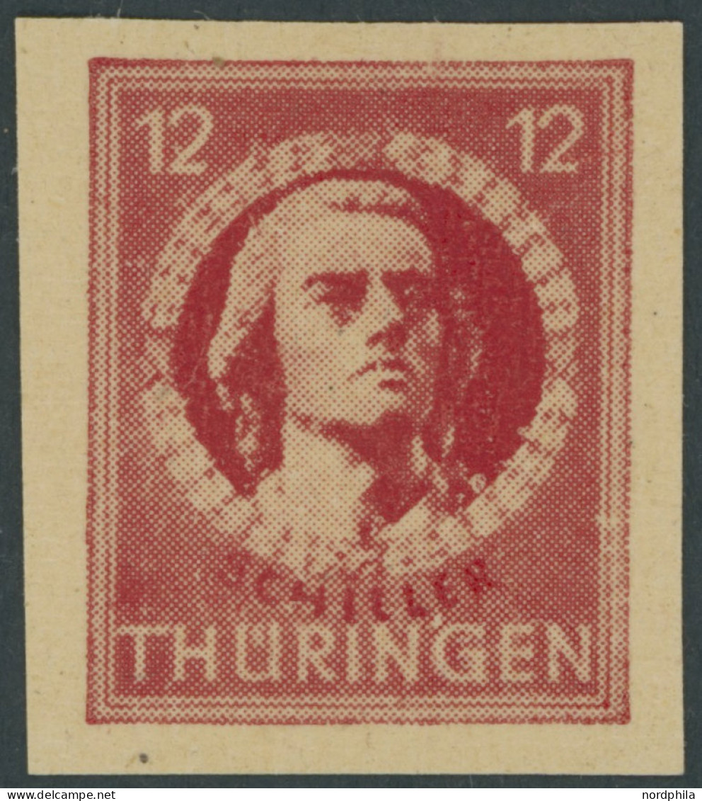 THÜRINGEN 97AXbp1UG , 1945, 12 Pf. Dunkelbräunlichrot, Vollgummierung, Dickes Papier, Steigende Papierstreifung, Ungezäh - Altri & Non Classificati