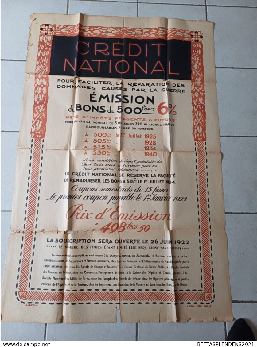 Très Grande Affiche 1922 -  CREDIT NATIONAL - Pour Réparation Dommages Causés Par La Guerre - Souscription - Plakate