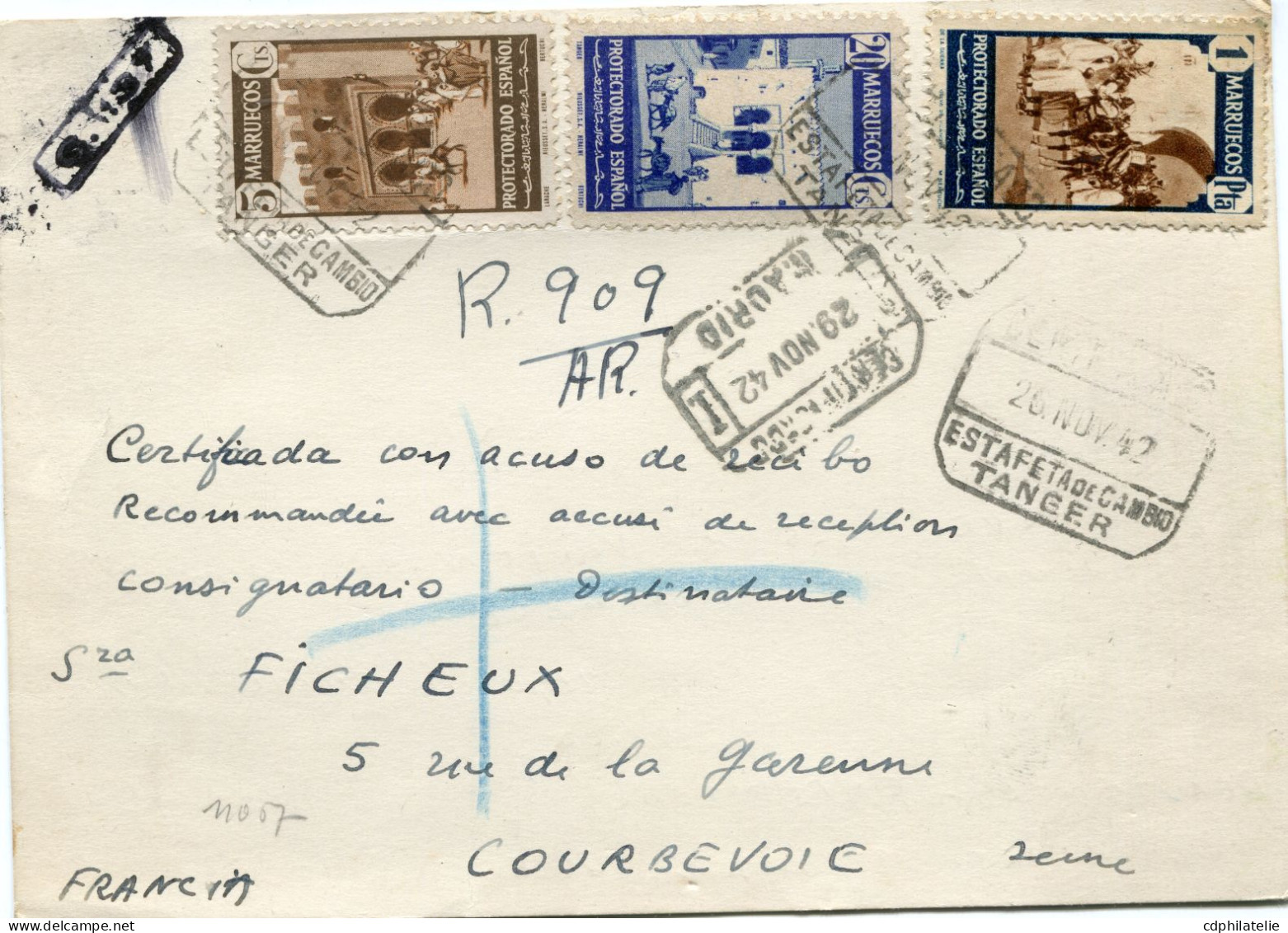 MAROC ESPAGNOL CARTE RECOMMANDEE AVEC AR DEPART TANGER 26 NOV 42 AVEC TRANSIT MADRID 29 NOV 42 POUR LA FRANCE - Spanisch-Marokko