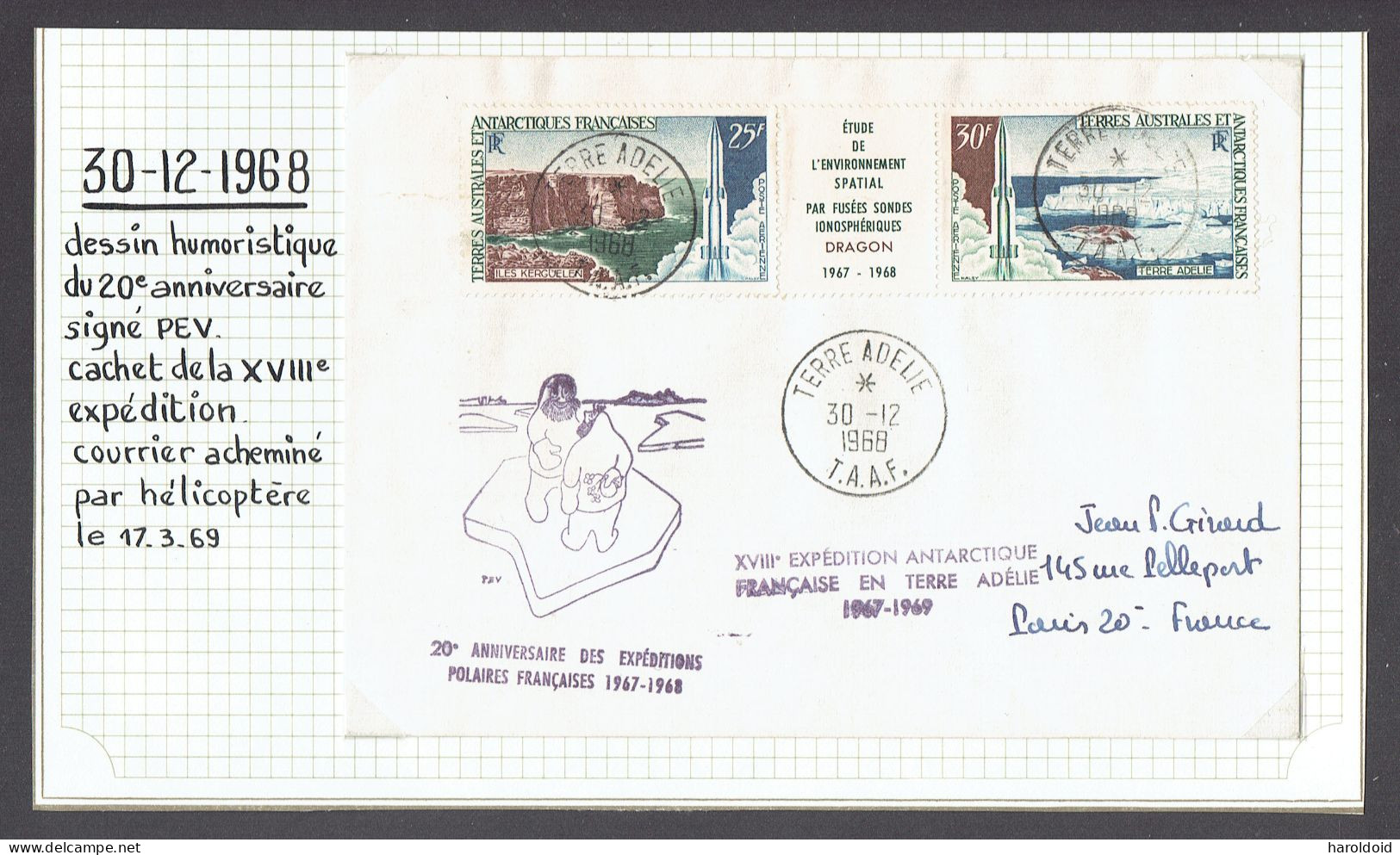 17e Expé Terre Adélie - Lettre 20e Anniversaire Des Expéditions Polaires - Courrier Acheminé Par Hélicoptère 17/3/1969 - Storia Postale