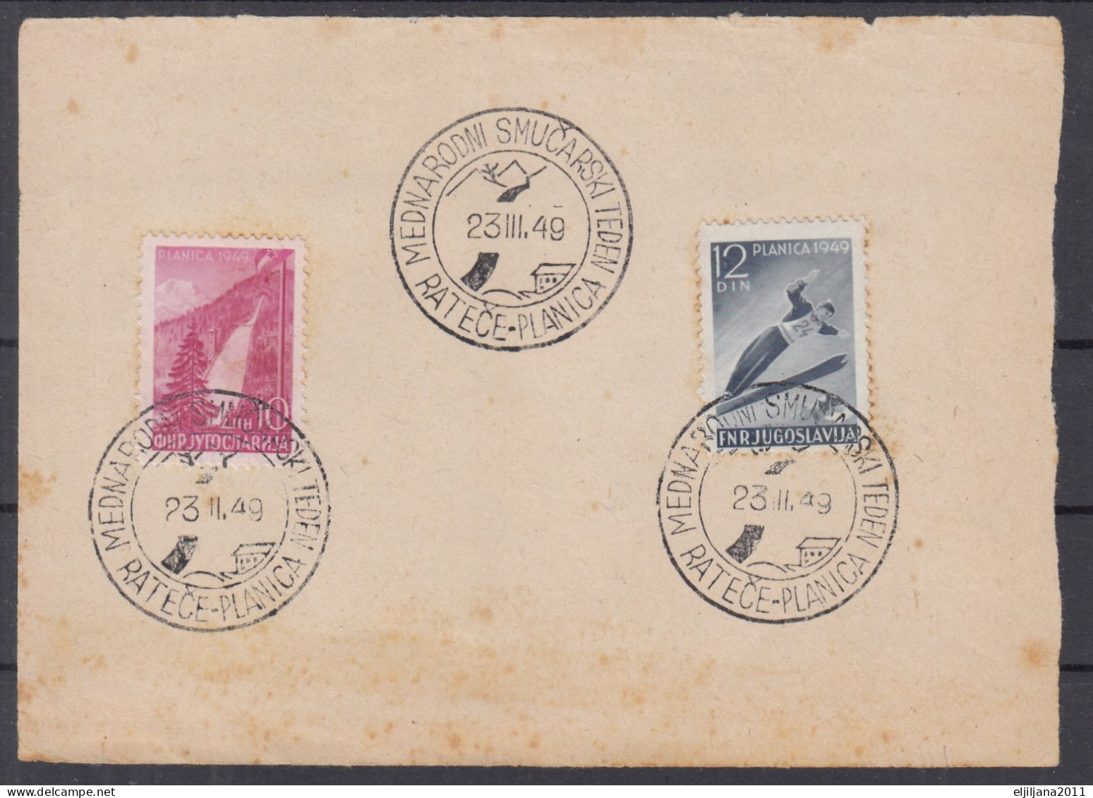 ⁕ Yugoslavia - Slovenia 1949 ⁕ PLANICA Ski Jumping Mi.570-571 International Ski Week ⁕ Commemorative Postmark On Paper - Usados