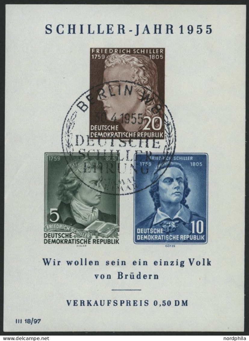 DDR Bl. 12IV O, 1955, Block Schiller Mit Abart Vorgezogener Fußstrich Bei J, Ersttags-Sonderstempel, Pracht, Mi. 100.- - Autres & Non Classés