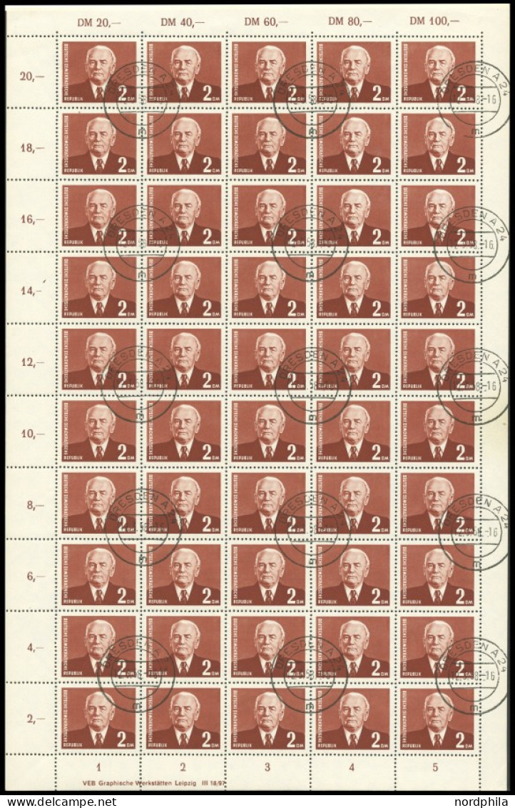 DDR 623 O, 1957, 2 DM Pieck, Wz. 3X, Im Bogen (50) Mit Druckvermerk, Bogenabstempelung, Pracht - Oblitérés