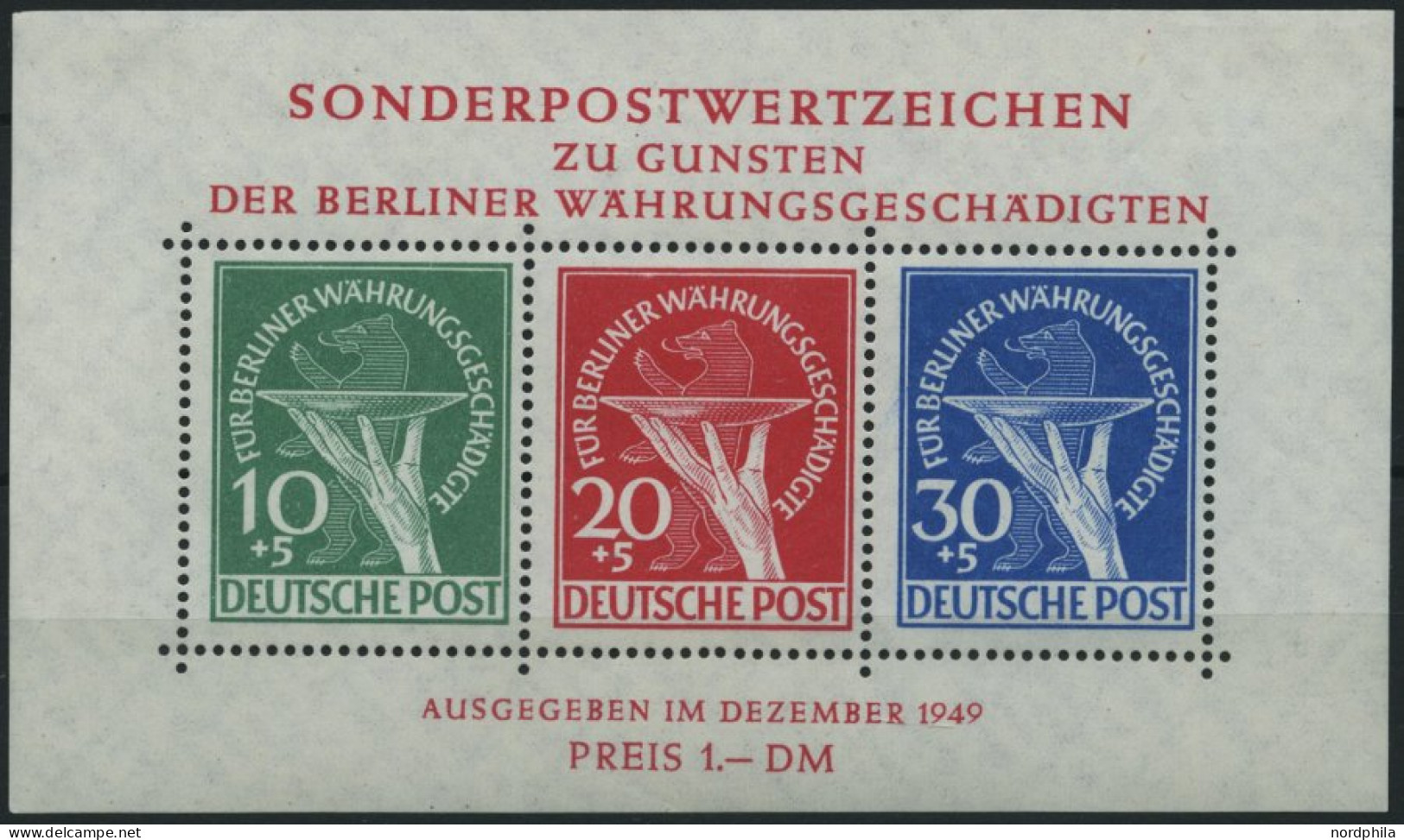 BERLIN Bl. 1III , 1949, Block Währungsgeschädigte Mit Abart Grüner Punkt Rechts Am Handgelenk, Falzreste Im Rand, Marken - Autres & Non Classés