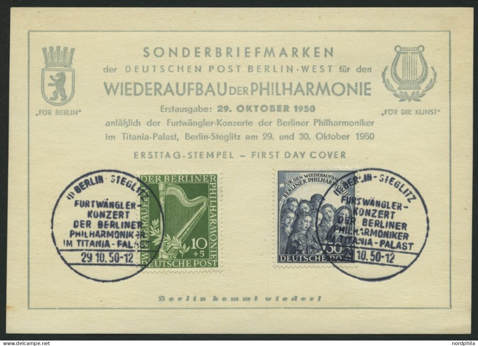 BERLIN 72/3 BRIEF, 1950, Philharmonie Auf Ersttagskarte, Pracht - Autres & Non Classés