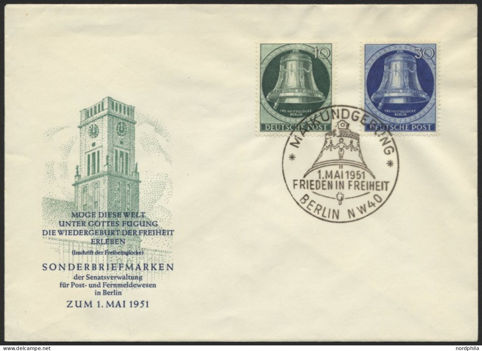 BERLIN 76,78 BRIEF, 1951, 10 Und 30 Pf. Glocke Links Auf Amtlichem FDC, Pracht, Mi. 200.- - Otros & Sin Clasificación