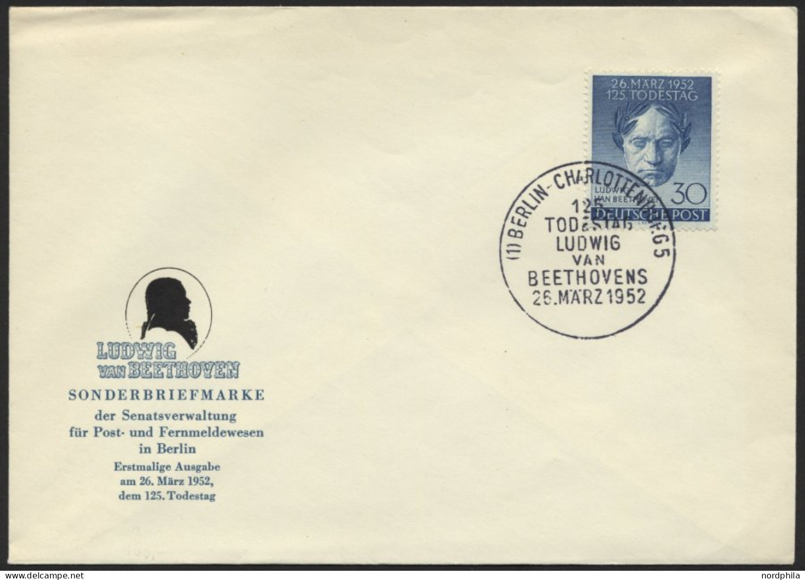 BERLIN 87 BRIEF, 1952, 30 Pf. Beethoven Auf Amtlichem FDC, Pracht, Mi. 120.- - Sonstige & Ohne Zuordnung