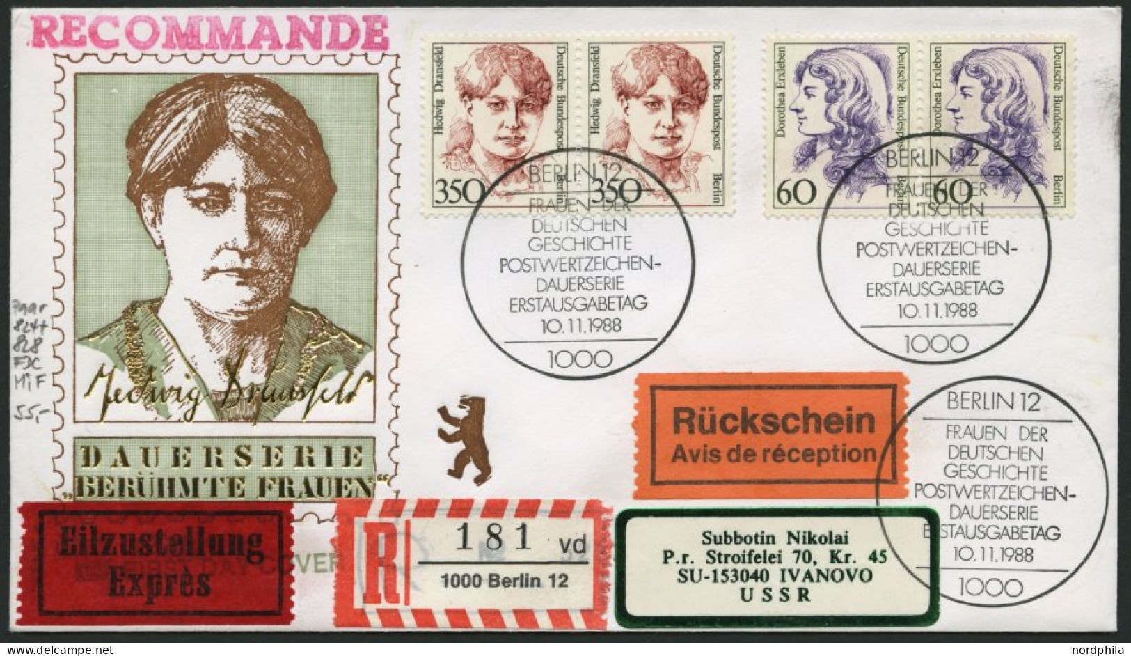 BERLIN 824 Ñ,828 Ñ BRIEF, 1988, 60 Pf. Erxleben Und 350 Pf. Dransfeld In Waagerechten Paaren Auf FDC Mit Rückschein Nach - Briefe U. Dokumente