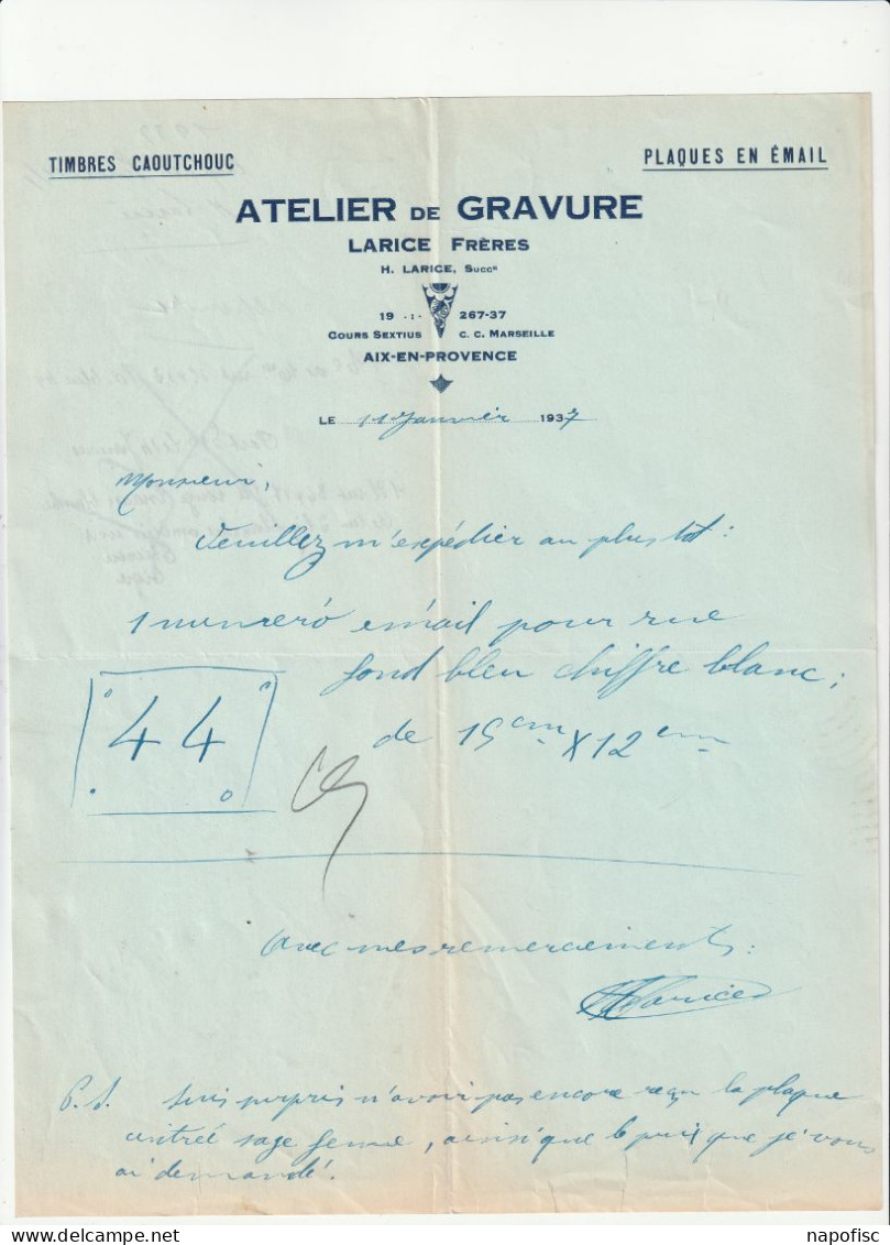 13-Larice Frères..Atelier De Gravure..Timbres Caoutchouc, Plauques En Email..Aix-en-Provence..(Bouches-du-Rhône)...1937 - Old Professions