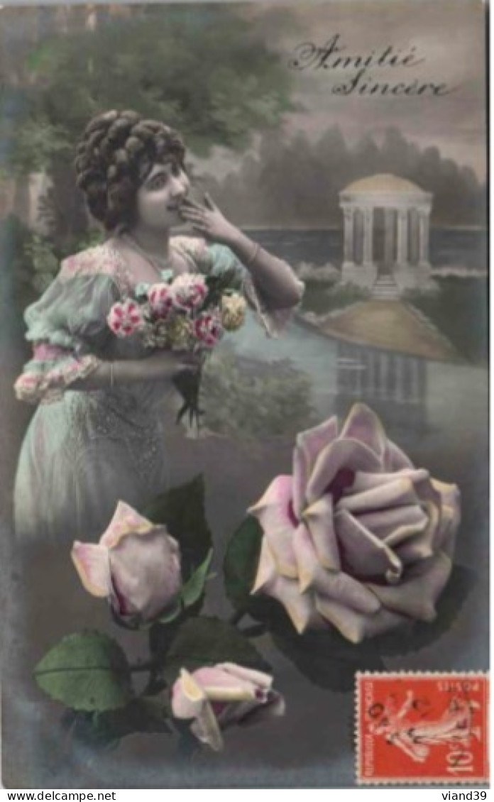 CPA.   ROSE. Et FEMME.  Amitié Sincère.   Carte Datée De 1912 - Fleurs