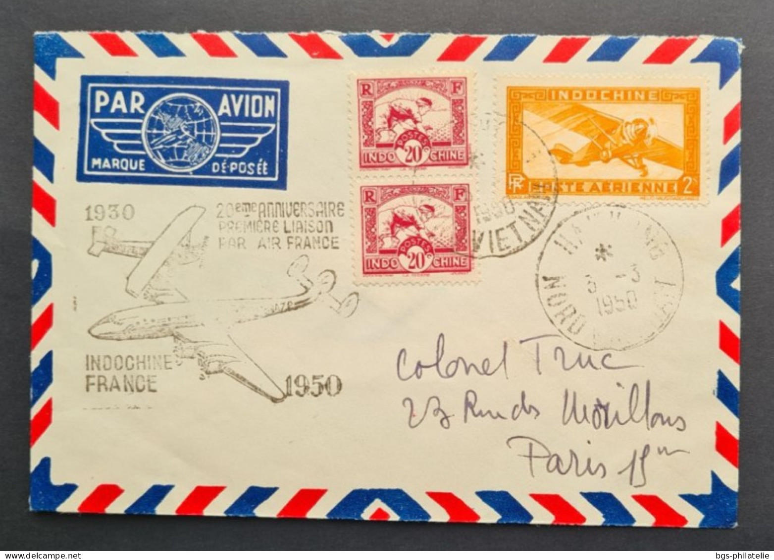 INDOCHINE,  Timbres Numéros 163×2 Et PA 12 Sur Lettre Avec Griffe 20ème Anniversaire 1ère Liaison Par Air France  INDOCH - Lettres & Documents