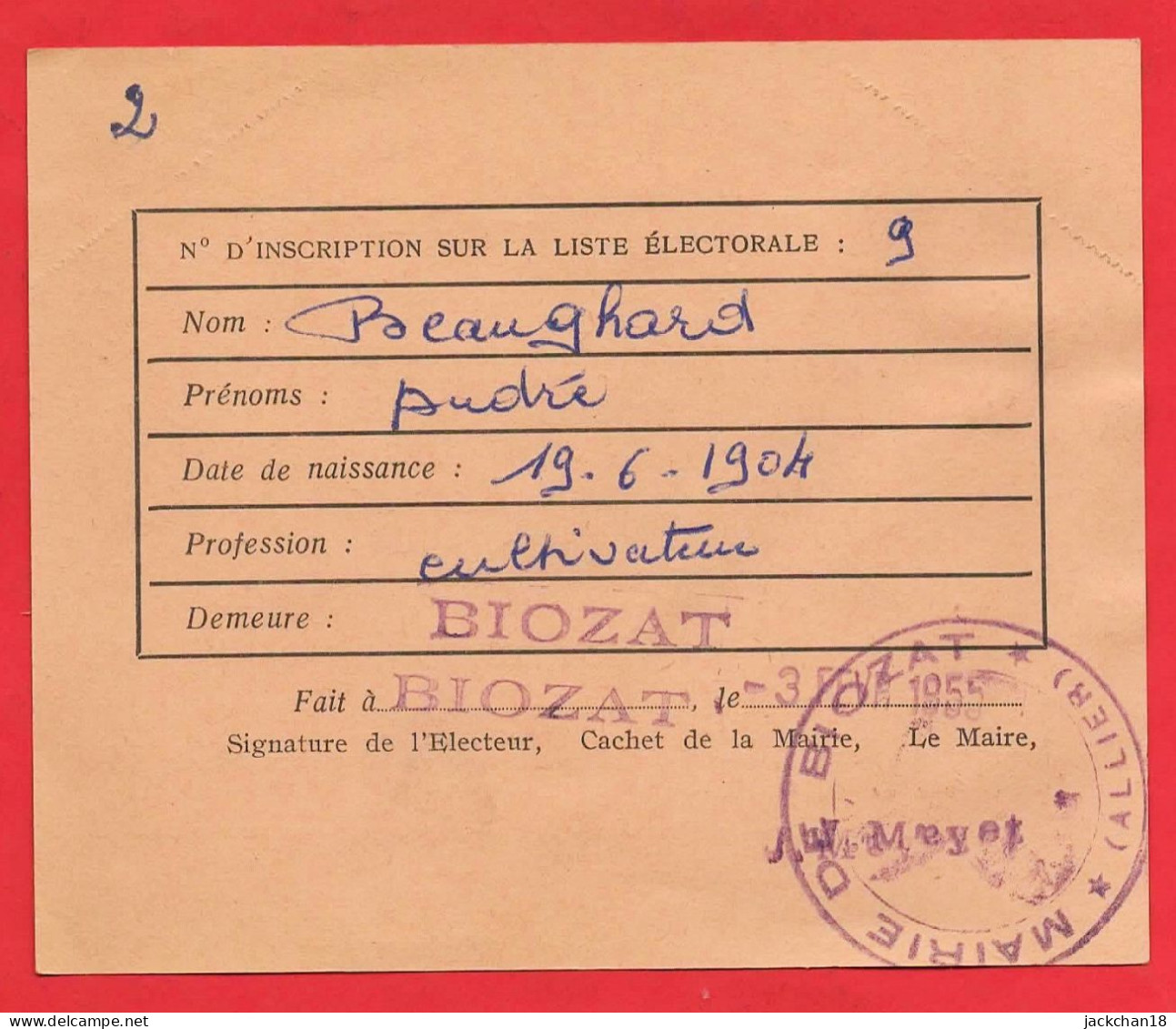 -- BIOZAT (Allier) - CARTE D'ELECTEUR A LA CHAMBRE D'AGRICULTURE -- - Andere & Zonder Classificatie