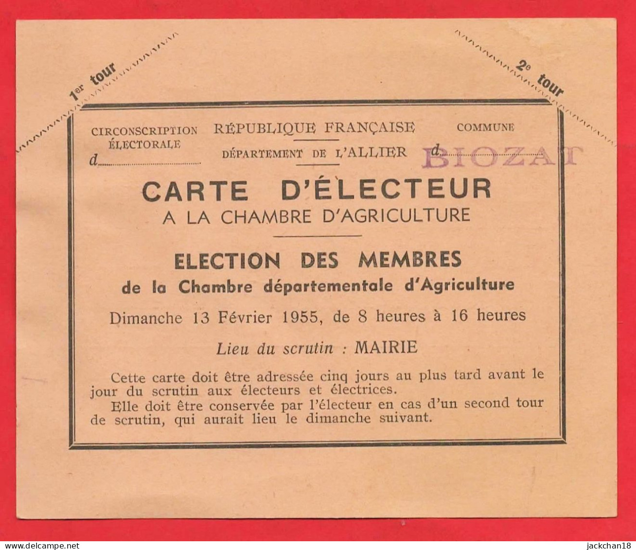 -- BIOZAT (Allier) - CARTE D'ELECTEUR A LA CHAMBRE D'AGRICULTURE -- - Altri & Non Classificati