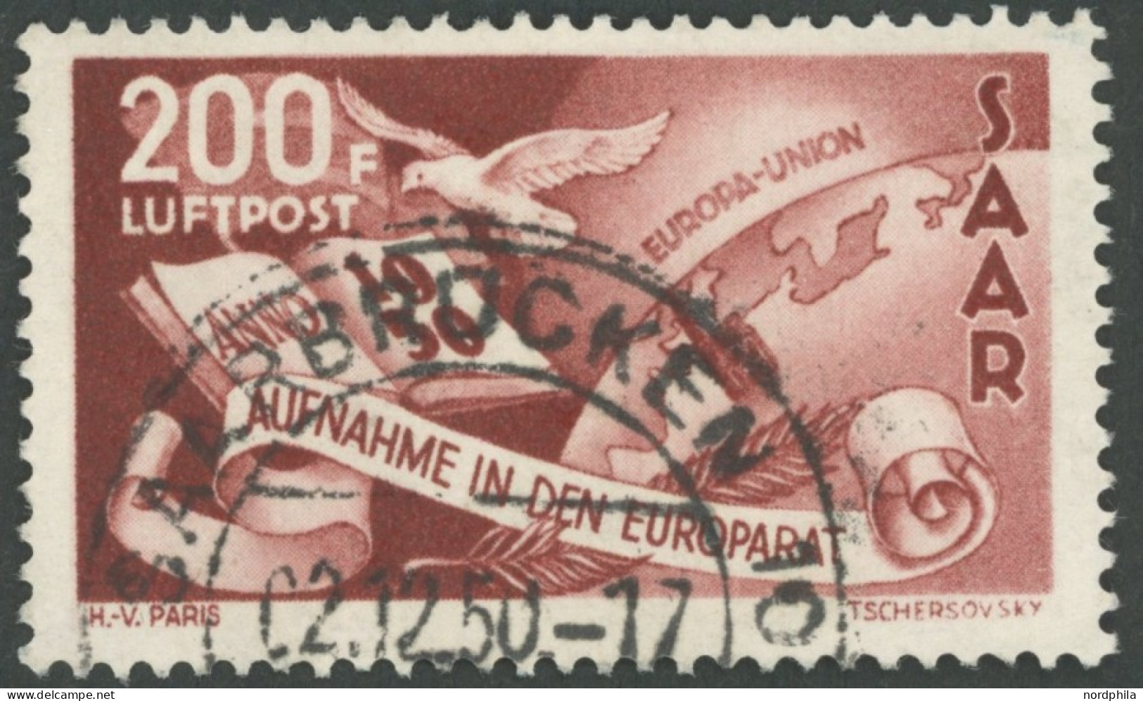 SAARLAND 298 O, 1950, 200 Fr. Flugpost, Pracht, Kurzbefund Geigle, Mi. 310.- - Autres & Non Classés