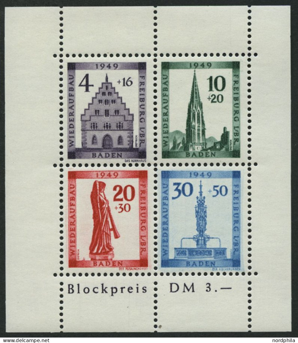 BADEN Bl. 1AI , 1949, Block Freiburg, Gezähnt, Mit Abart Sirene Neben Sockel Des Engels, Feinst, Gepr. Schlegel, Mi. 350 - Autres & Non Classés