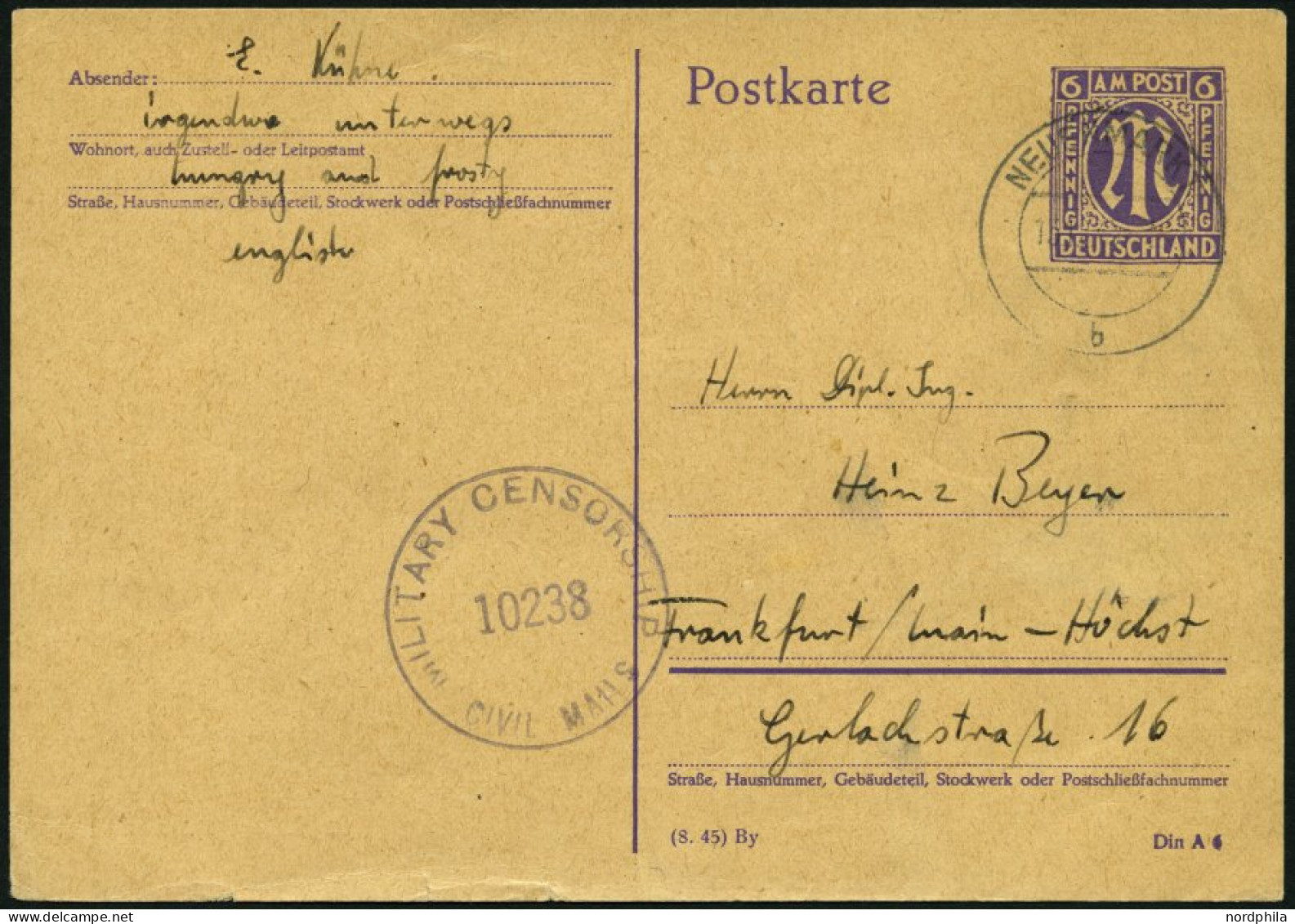 AMERIK. U. BRITISCHE ZONE - GANZSACHEN P 903II03 BRIEF, 1945, 6 Pf. AM-Post, Type II, 4 Geschlossen, Anstrich Der 6 Nach - Other & Unclassified