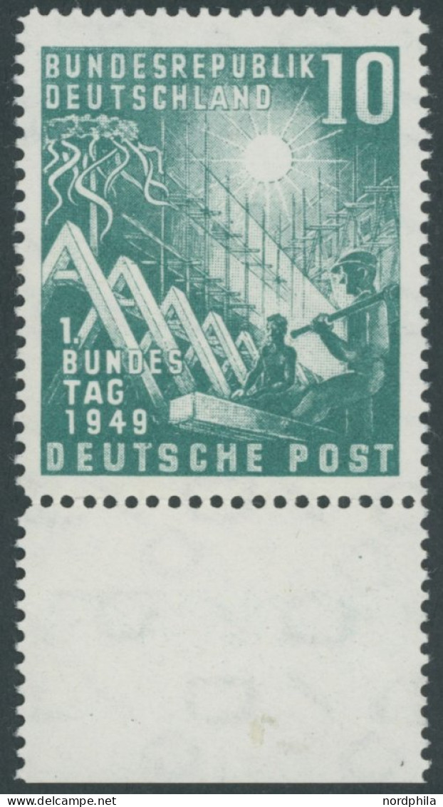 BUNDESREPUBLIK 111I , 1949, 10 Pf. Bundestag Mit Abart Punkt Rechts Im Querbalken Des T In Deutsche, Unterrandstück, Fal - Unused Stamps