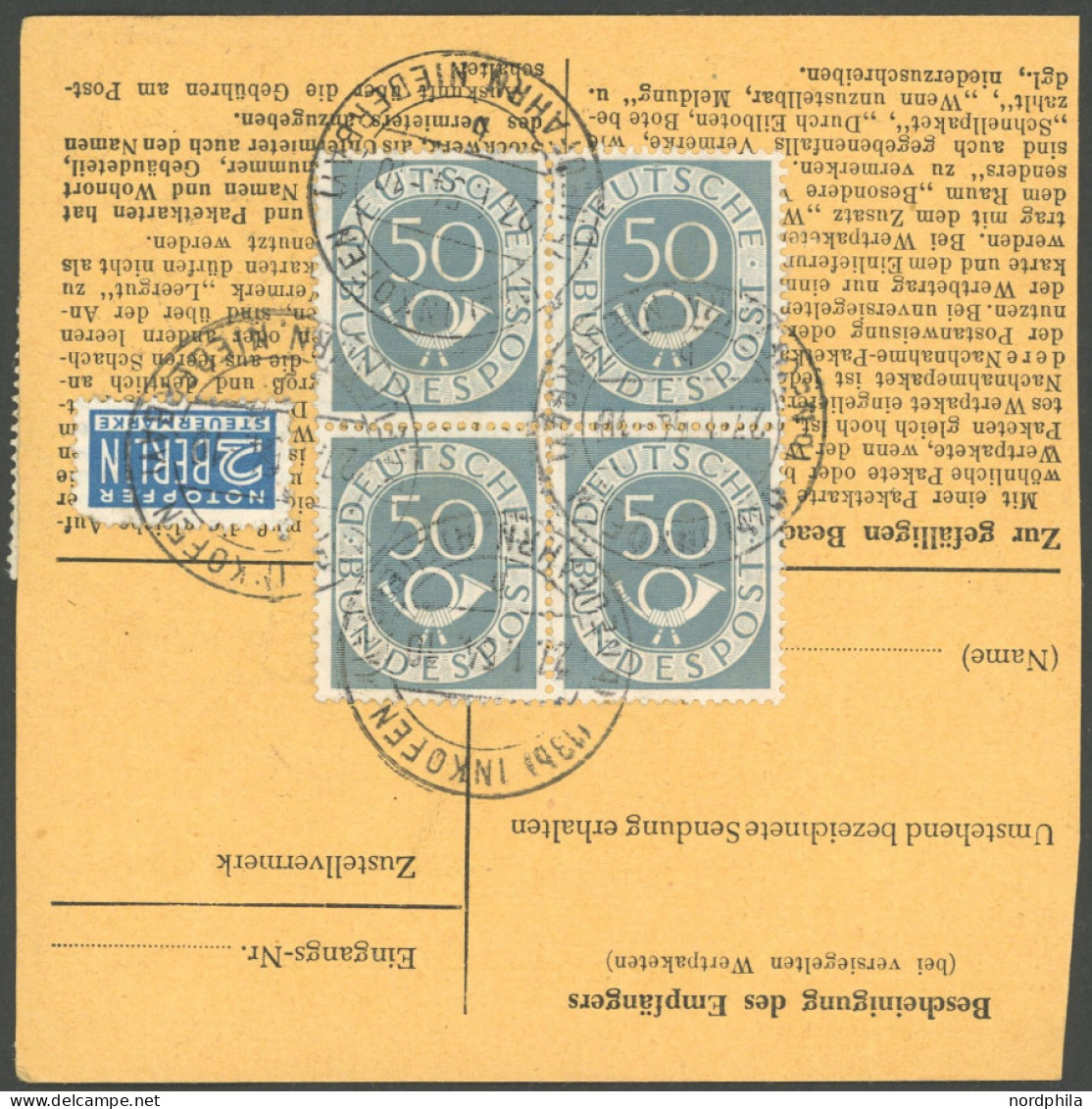 BUNDESREPUBLIK 134 VB BRIEF, 1954, 50 Pf. Posthorn Im Viererblock Rückseitig Auf Paketkarte Mit 3-mal 50 Pf. Zusatzfrank - Other & Unclassified