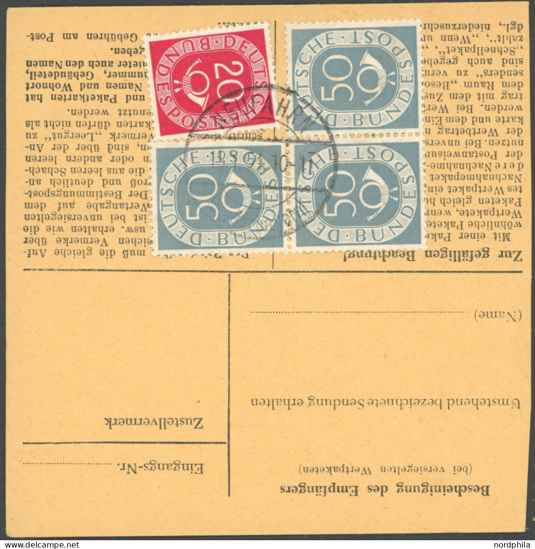 BUNDESREPUBLIK 134 BRIEF, 1954, 50 Pf. Posthorn Im Dreierblock Mit Zusatzfrankatur Rückseitig Auf Paketkarte Aus NEUFARN - Autres & Non Classés