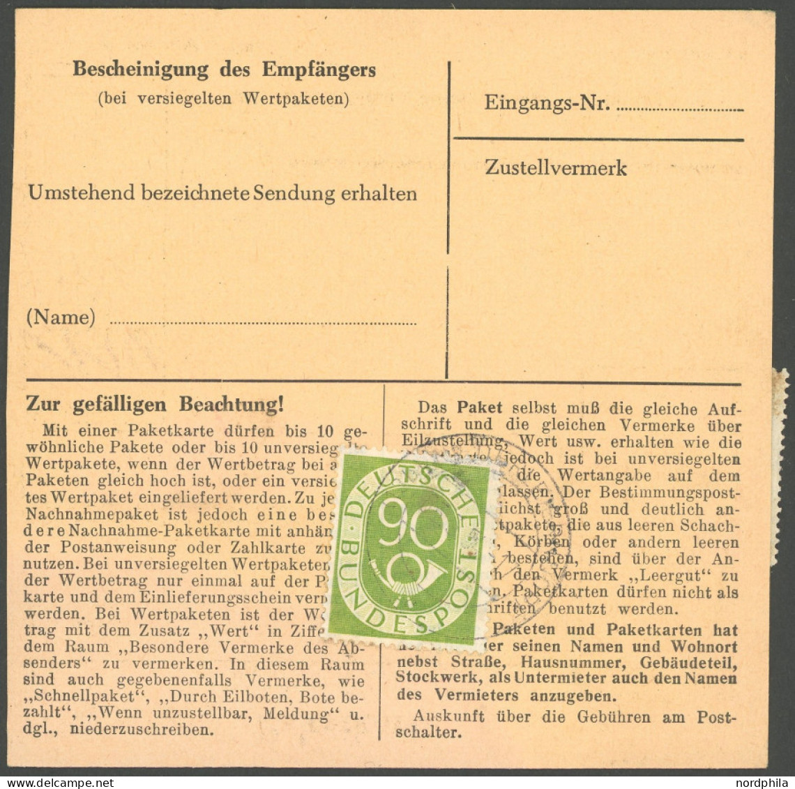 BUNDESREPUBLIK 138 BRIEF, 1954, 90 Pf. Posthorn, 2x Als Mehrfachfrankatur Auf Schnell-Paketkarte Aus NIEDERLEIERNDORF, F - Other & Unclassified