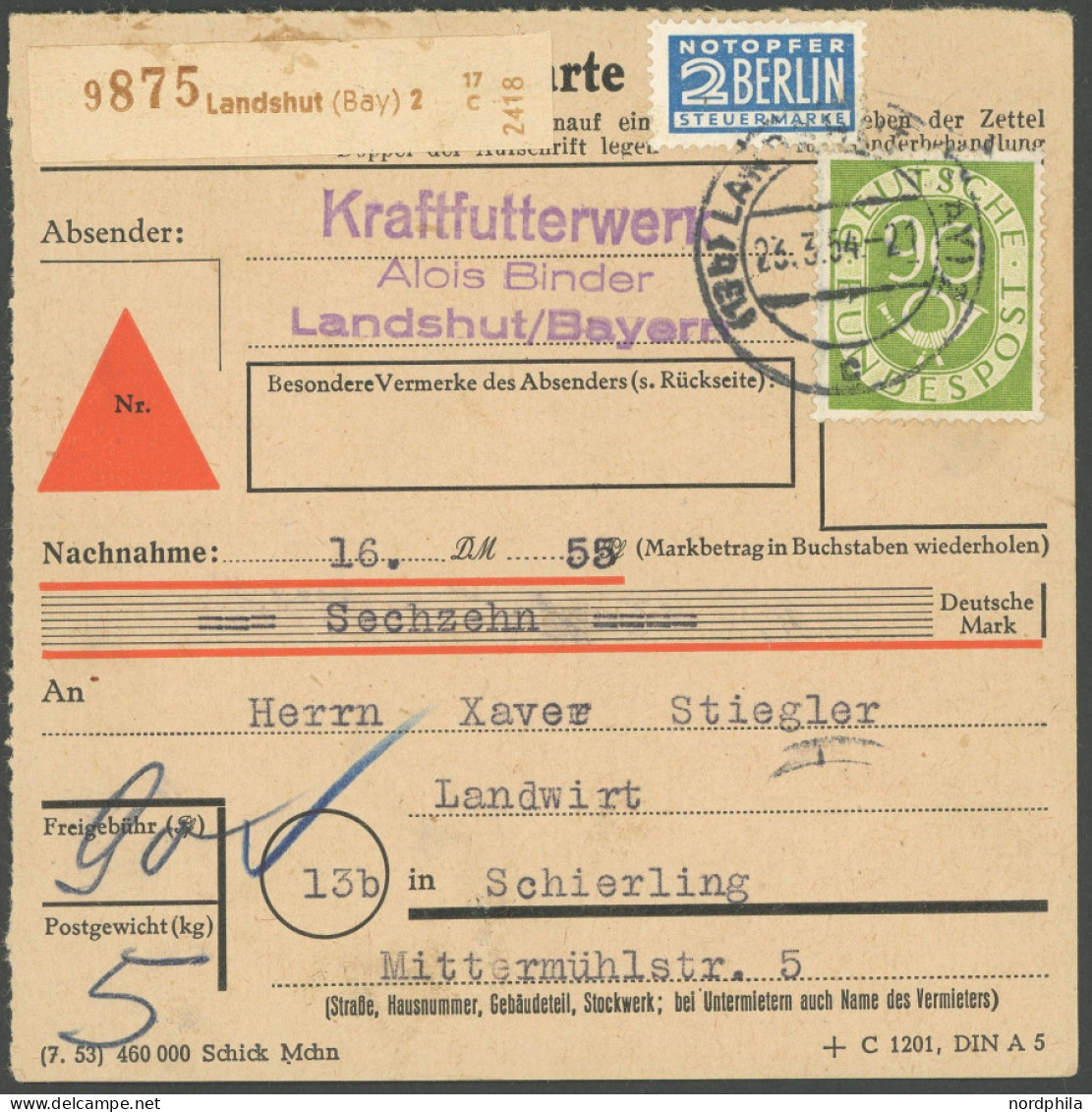 BUNDESREPUBLIK 138 BRIEF, 1954, 90 Pf. Posthorn, Einzelfrankatur Auf Nachnahme-Paketkarte Aus LANDSHUT, Pracht - Autres & Non Classés